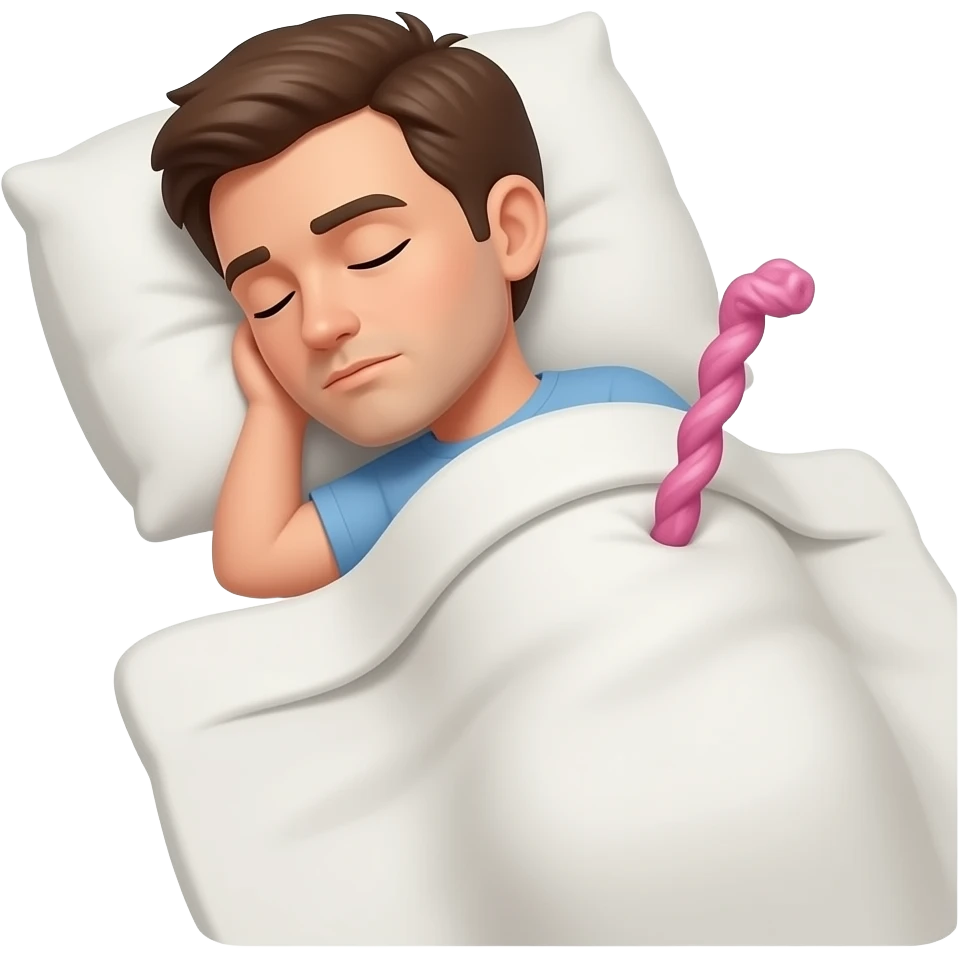 A man sleeping with a pink wrinkled stick coming out his blanket emoji