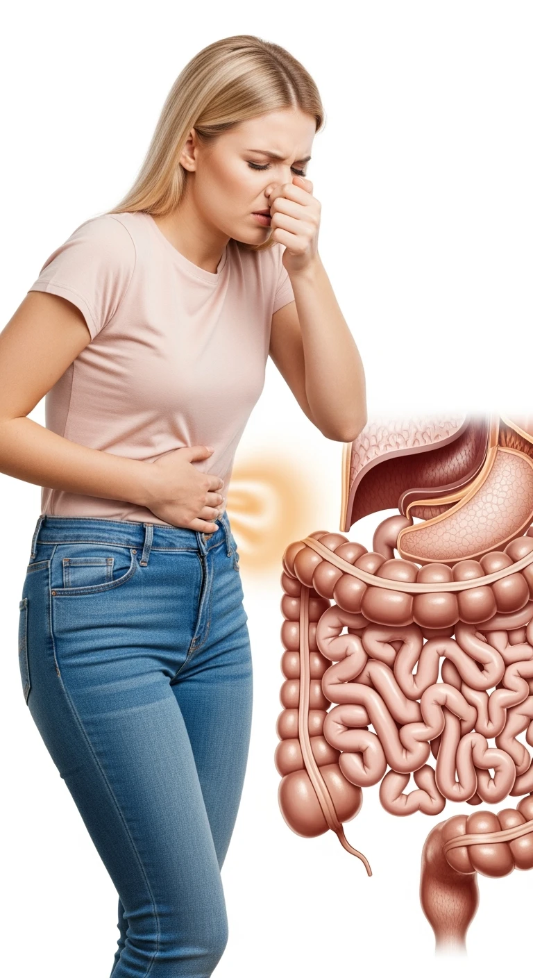 DONNA CHE SI TIENE LA PANCIA CON LA MANO E SI TAPPA IL NASO PER LA PUZZA, INTESTINO UMANO ANATOMICO IN EVIDENZA, ISOLATA SU SFONDO BIANCO emoji