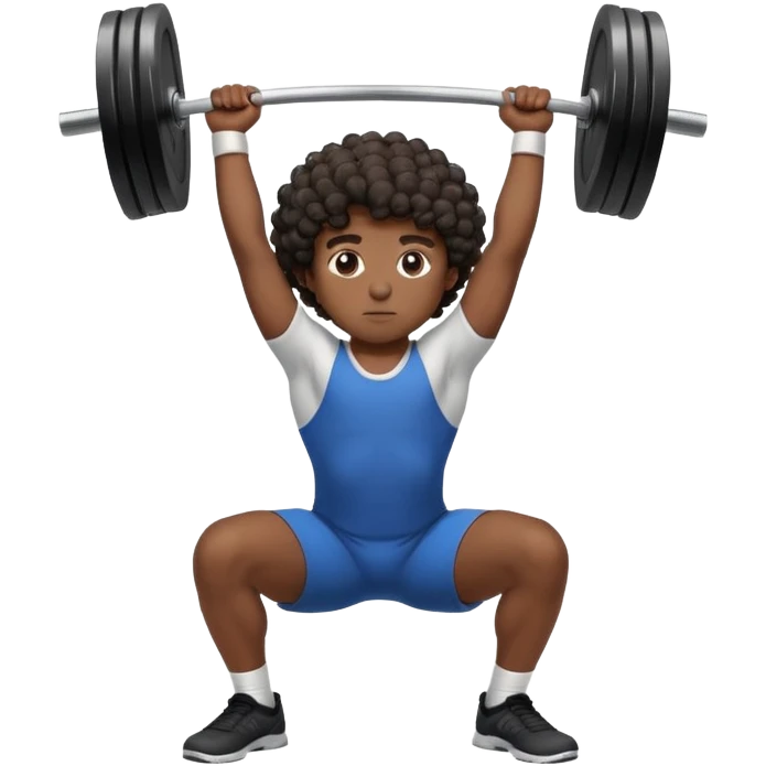 A boy with dark skin, curly hair is doing an overhead squat with a lot of weight on the barbell emoji