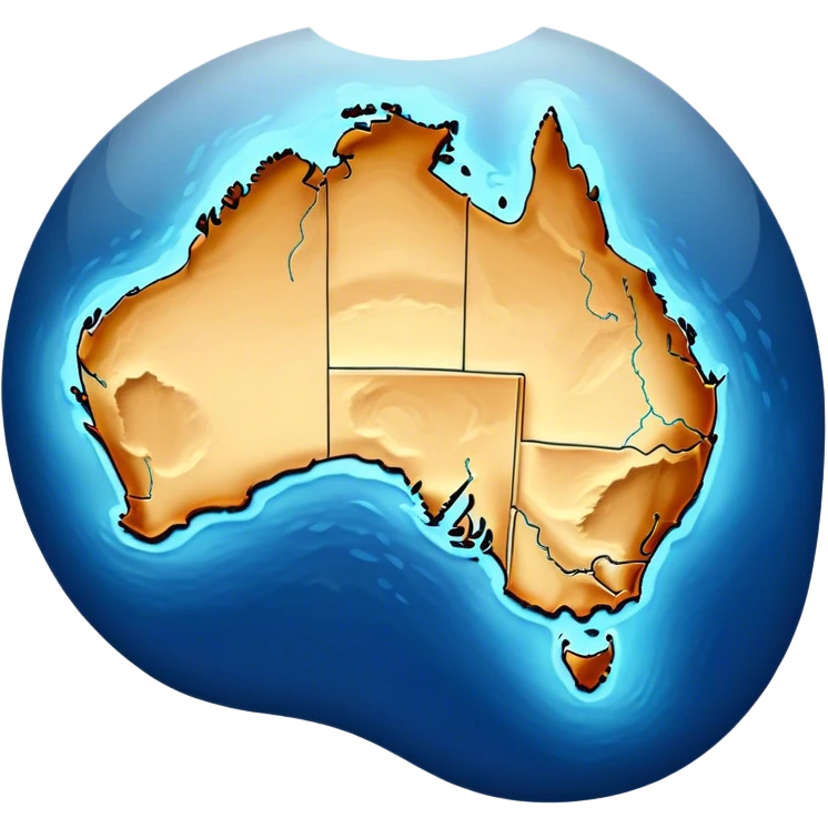 Cinematic-realistic outline of Australia, featuring its distinct landmass with accurately defined coastlines. The deep blue ocean surrounds the golden-brown continent, with subtle topographic shading to highlight its terrain. A soft glowing effect enhances the edges, making the shape stand out against a neutral, textured background. emoji