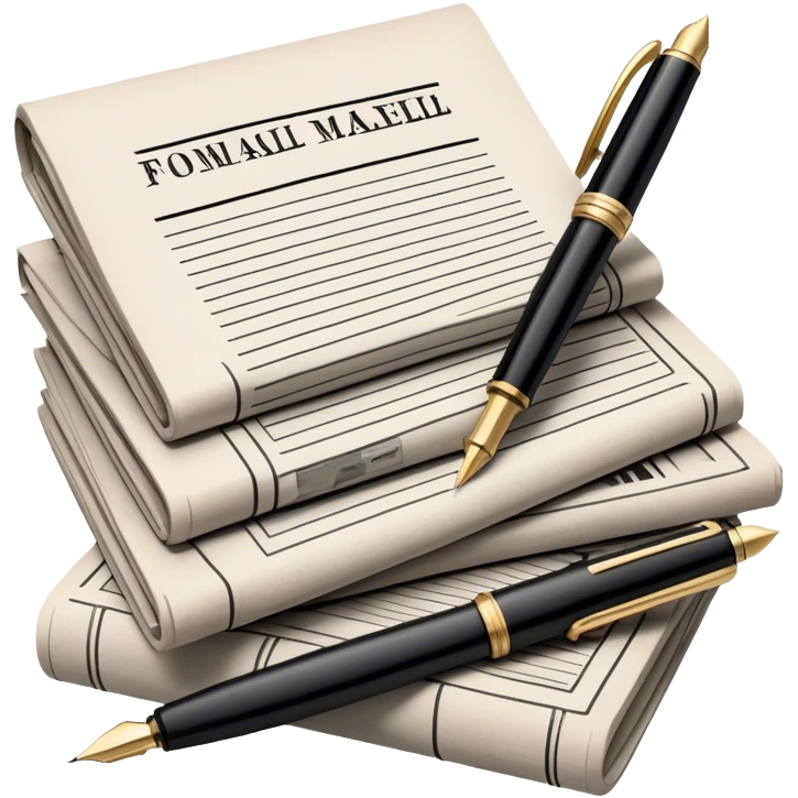 Create an emoji representing journalism and publicistic writing. The design should feature a stack of newspapers, an open notebook, and a single classic fountain pen placed on top of the notebook, symbolizing the act of writing. The scene should convey a sense of professionalism and thoughtful analysis. Use a neutral and professional color palette, with black, white, and muted tones. Do not include any emojis or smiley faces. Make the background transparent. emoji