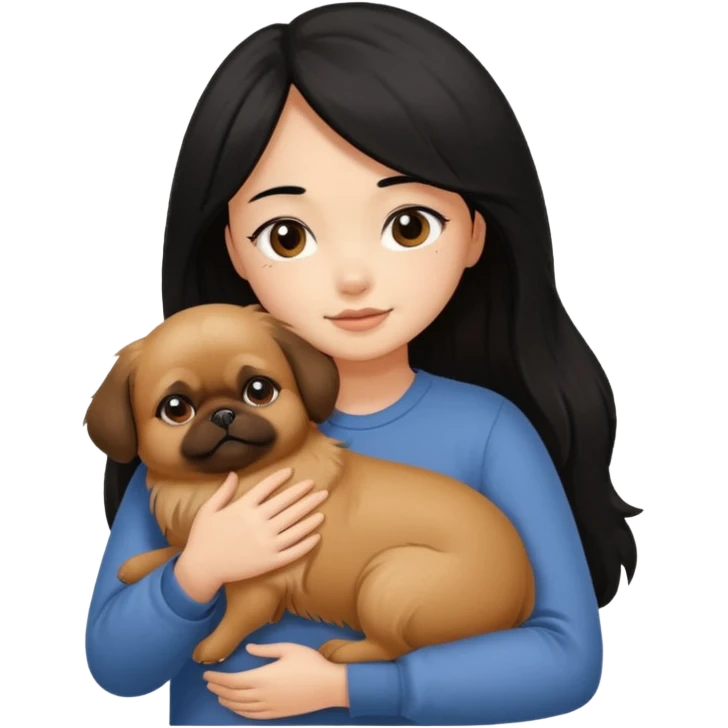 black hair girl hugging brown pegingese dog emoji