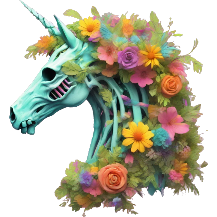 Zombie Pegasus unicorn skeleton psychedelic flowers floral groovy art neon rave raving emoji