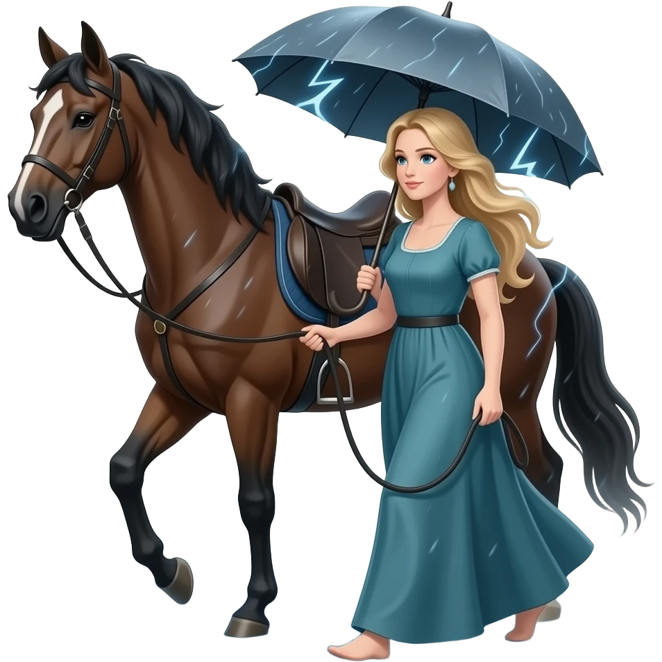 Lady leading horse in thunderstorm emoji
