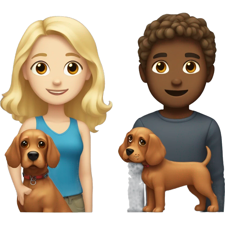 blonde-haired girl and brown-haired boy with a red cocker spaniel emoji