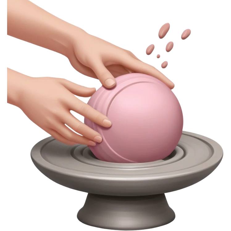 one hand throwing a pink ball of clay onto a flat silver pottery wheel surface emoji