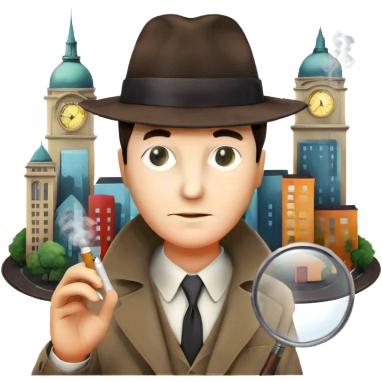 Icon for Detective Movies: A colorful collage featuring iconic detective elements—magnifying glass, a fedora hat, a cigarette, a shadowy figure, and a mysterious city backdrop. Include subtle clues like fingerprints or a crime scene. Retro movie poster style. Transparent background. emoji