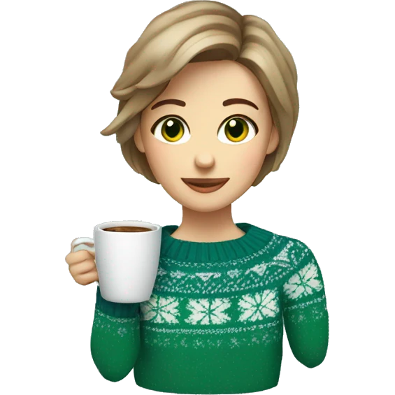 Light brown short haired girl with green eyes drinking coffee wearing blue Christmas sweater emoji