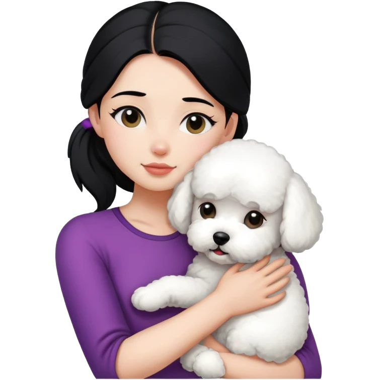 One long face girl with straight black hair in a ponytail，hugging one Bichon frise emoji