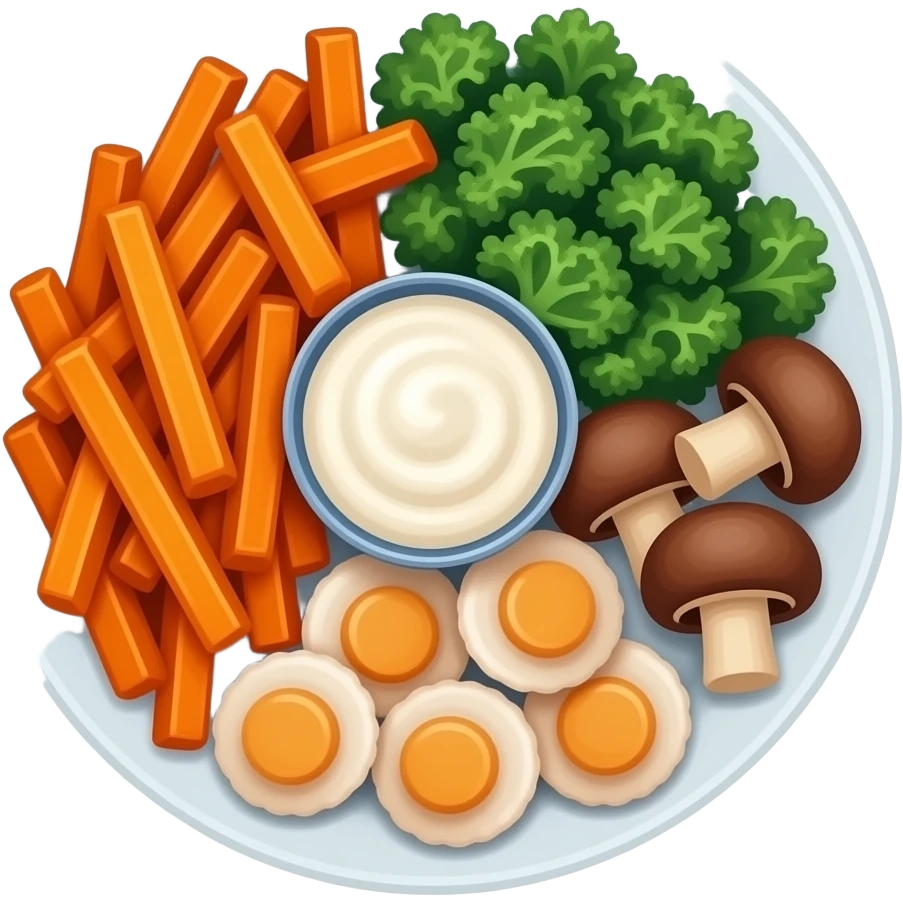 Realistic plate of sweet potato fries, kale, scallops, mushrooms and sour cream emoji