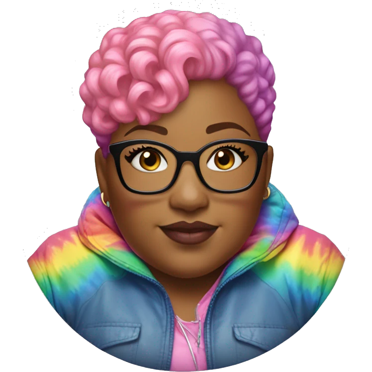 Plus size black woman with pink curly pixie cut hair and a rainbow tie dye bubble jacket  emoji