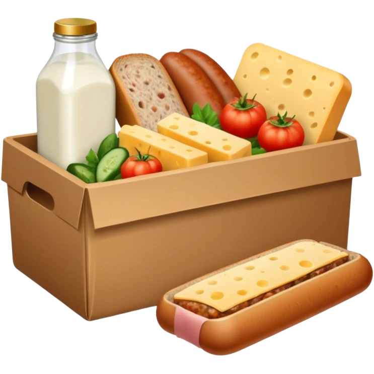 a box of groceries, sausage, cheese, canned meat, herbs, milk, tomatoes, cucumbers, and a loaf of bread emoji