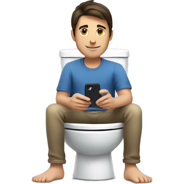 Brunette man sitting on the toilet holding an iPhone with a Pokémon next to him emoji