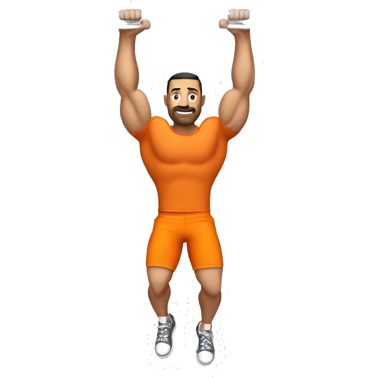 Muscular , bold , Caucasian man in orange t-shirt , black shorts and orange sneakers hanging with only right hand on pull-up bar emoji