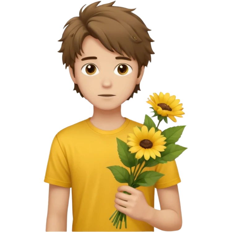 generate an ios genmoji of a 20 year old fair boy with brown long and messy hair with faint stubble. should look like he cant grow a mustache., carrying a flower bouquet, wearing a yellow tshirt, looking shy emoji