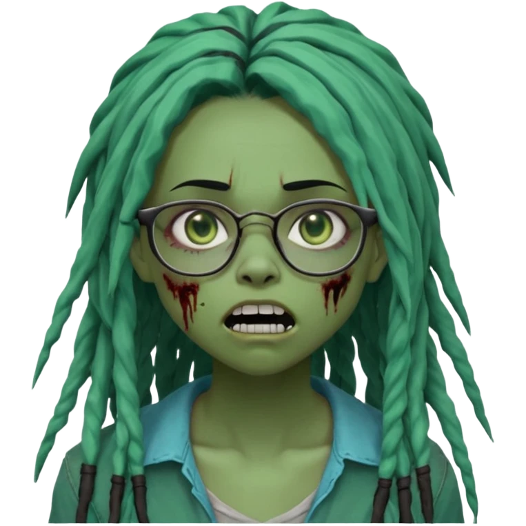 One teen female green-skinned, zombie super pretty with glasses, with ombre black roots & teal tips long dreadlocks and a side bang of her locs that fall over the right eye and a worried expression like with the mouth open, teeth showing, and the jaw uneven. with a small wound near its mouth. emoji