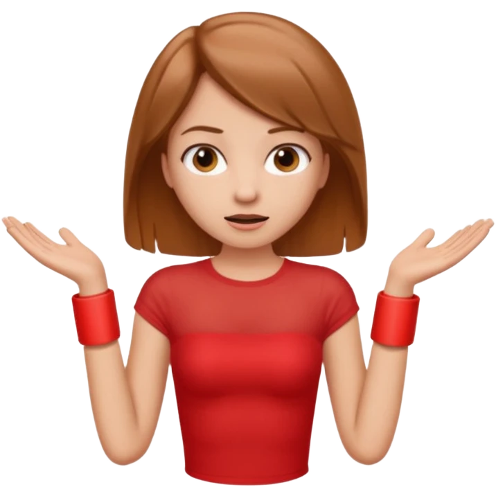 A girl with light brown hair in a red tube top shrugging emoji