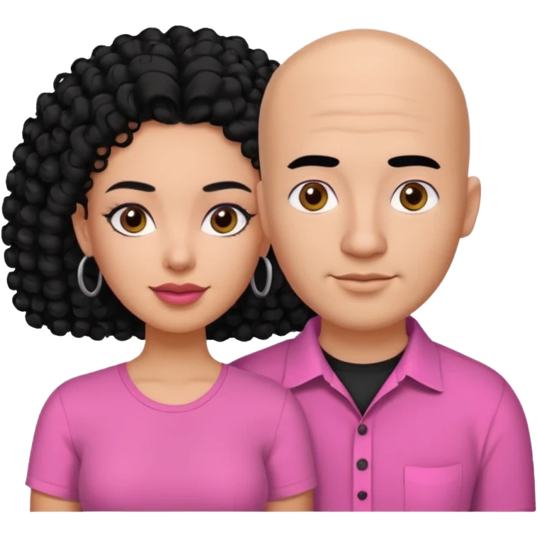 A picture if a couple. the man is a Mexican man with  black hair, a bald hair cut and black shirt on. the woman is mixed with black and white, with curly shoulder length hair and a pink shirt on emoji