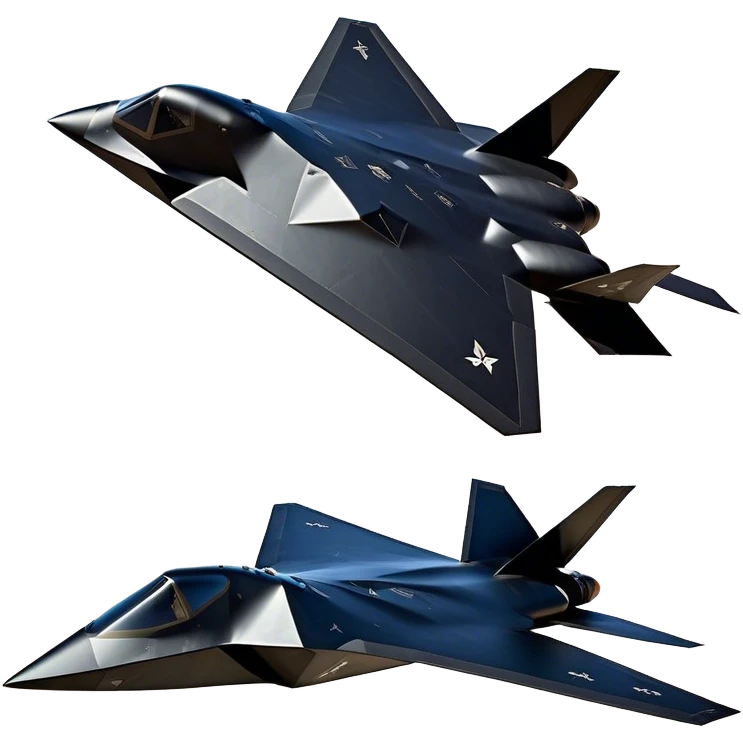 F-117 Nighthawk - Lockheed Martin (Stealth Grey) A futuristic stealth attack aircraft with a distinct faceted, angular design in a stealthy matte grey. Its sharp, jagged edges and unconventional, almost alien-like shape make it look like a shadow cutting through the night sky. The surface should appear non-reflective with subtle panel lines. emoji