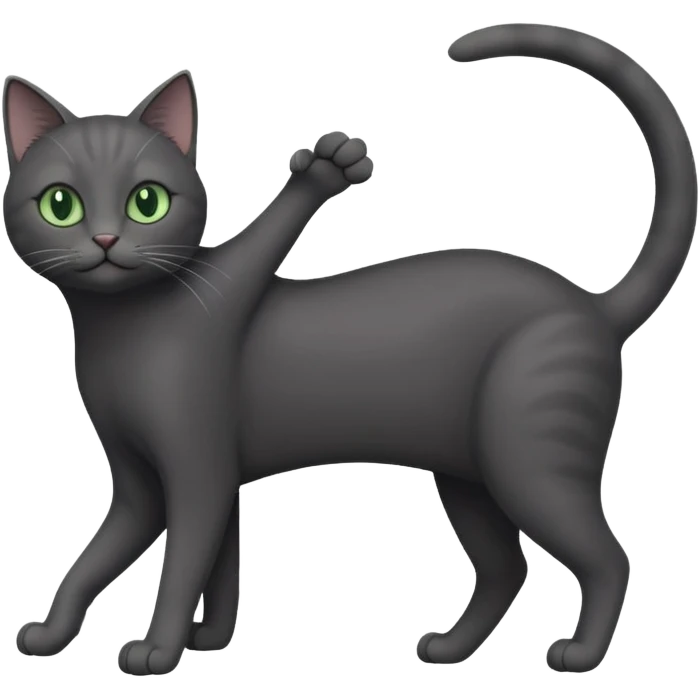 full body gorgeous solid dark grey cat with green eyes, white paws and white whiskers stretching like a cat emoji