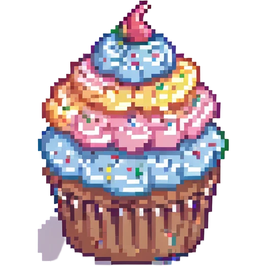 pixel art cupcake with pink icing, rainbow sprinkles emoji