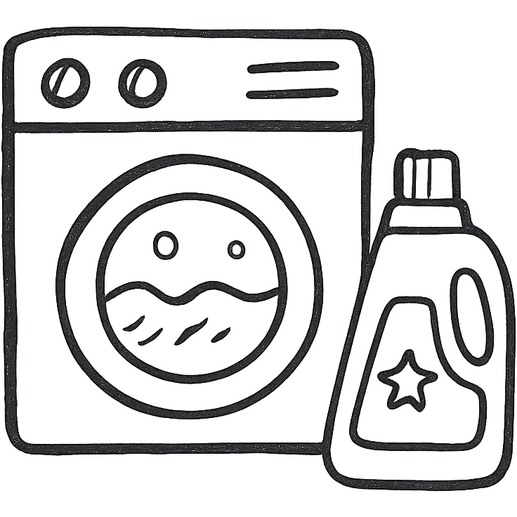 washing machine with detergent, hand drawn black outline icon, no fill emoji
