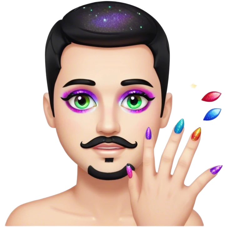 White man with black short hair and black goatee, very gay very glitter very rainbow add nail polish and makeup and lashes emoji