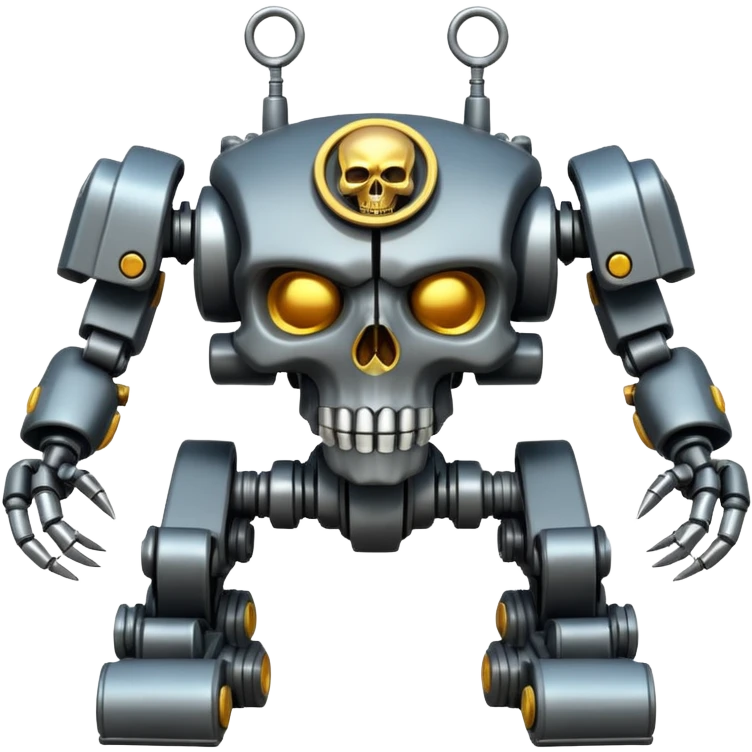 four-armed skull-headed tank mech with four mechanical arms with guns, skull head with cables, tank tread lower body, aggressive expression, shiny metal with minimal color accents, preserve all proportions, pose, and details, apple emoji style emoji