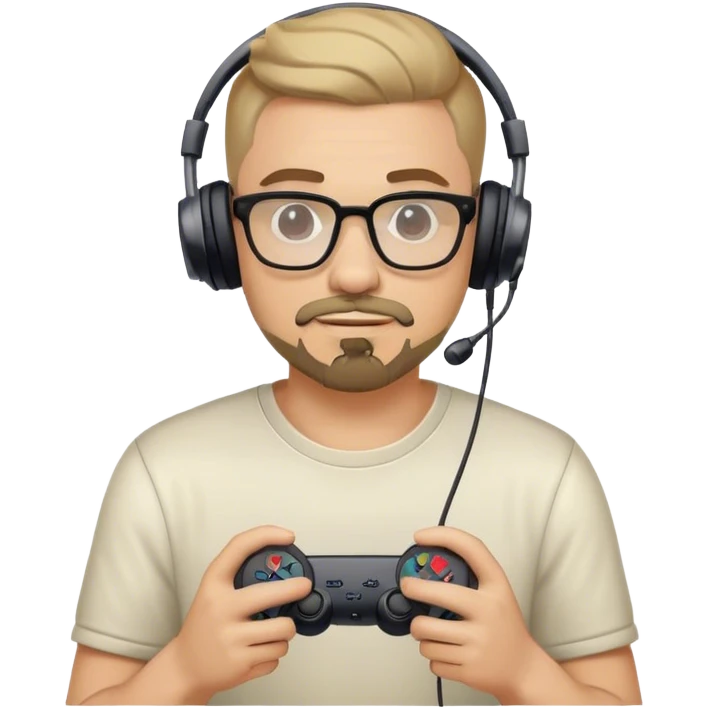 Muchacho guapo con lentes con barba de candado con audífonos jugando playstation  emoji