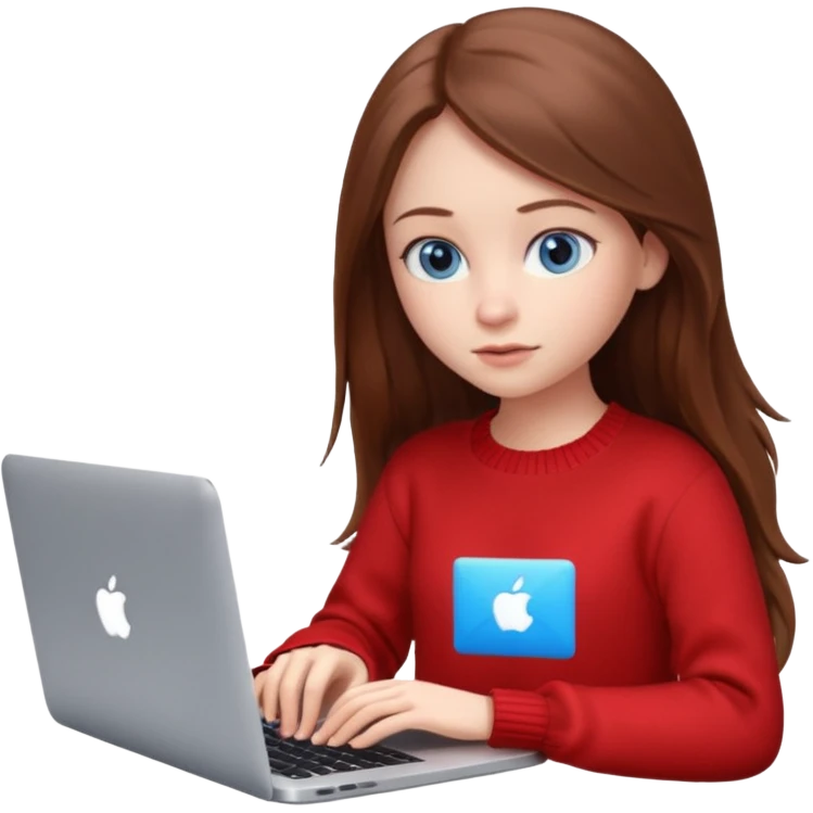 Emoji of a cute 3D girl with long brown hair and blue eyes, wearing a red sweater, focused working on a MacBook laptop, white background emoji
