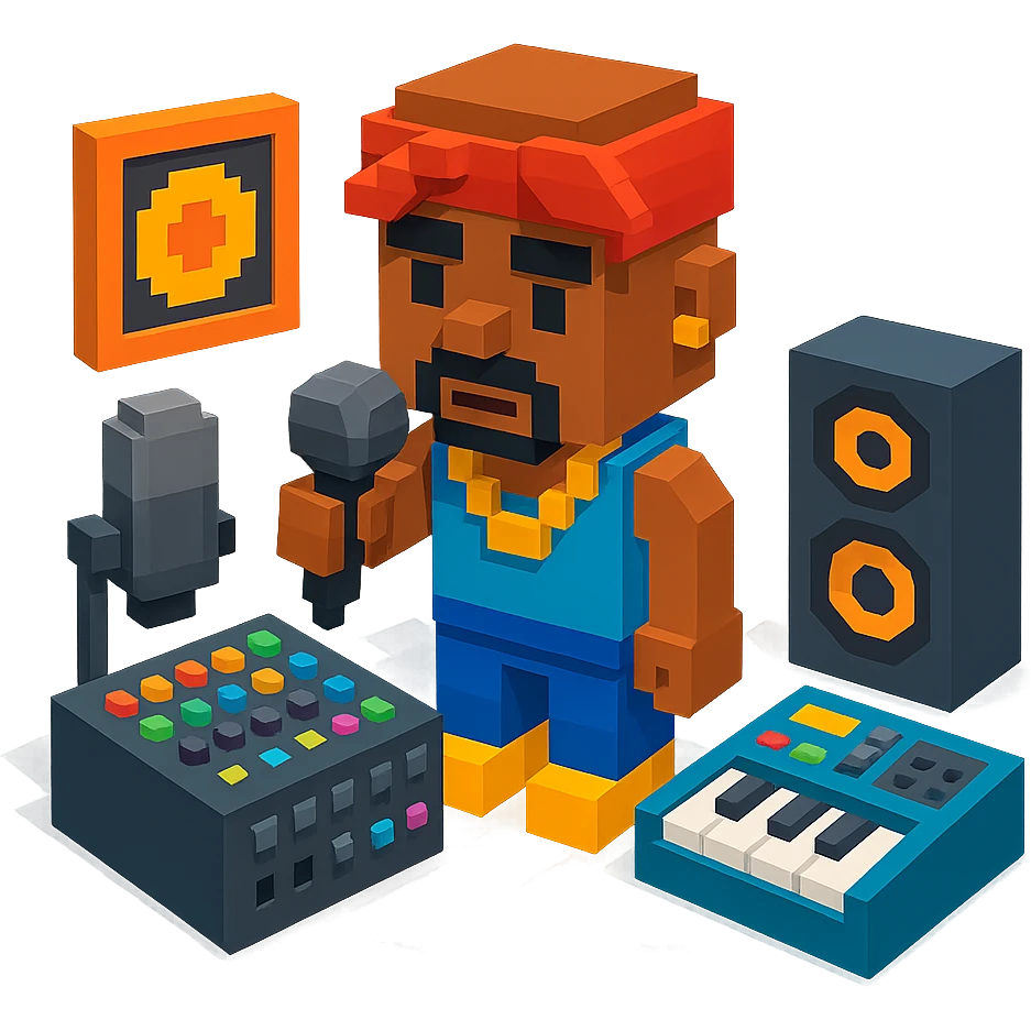Lego 2Pac in a music studio, surrounded by equipment, mic in hand, detailed and atmospheric emoji