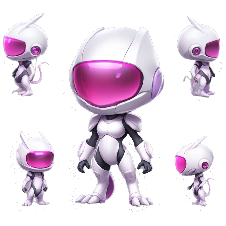 White, Chibi, White body, Anthro-Sona-Lizard-Alien-Salazzle-Mew-Mewtwo-Fakémon, with pink eyes, with a futuristic visor-helmet, wearing a techwear-suit, Full Body emoji