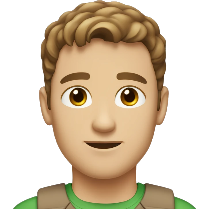 white, brown sort of tan guy, brown short ish hair which is sort of thin, green brown eyes, blue shirt with black vest  emoji