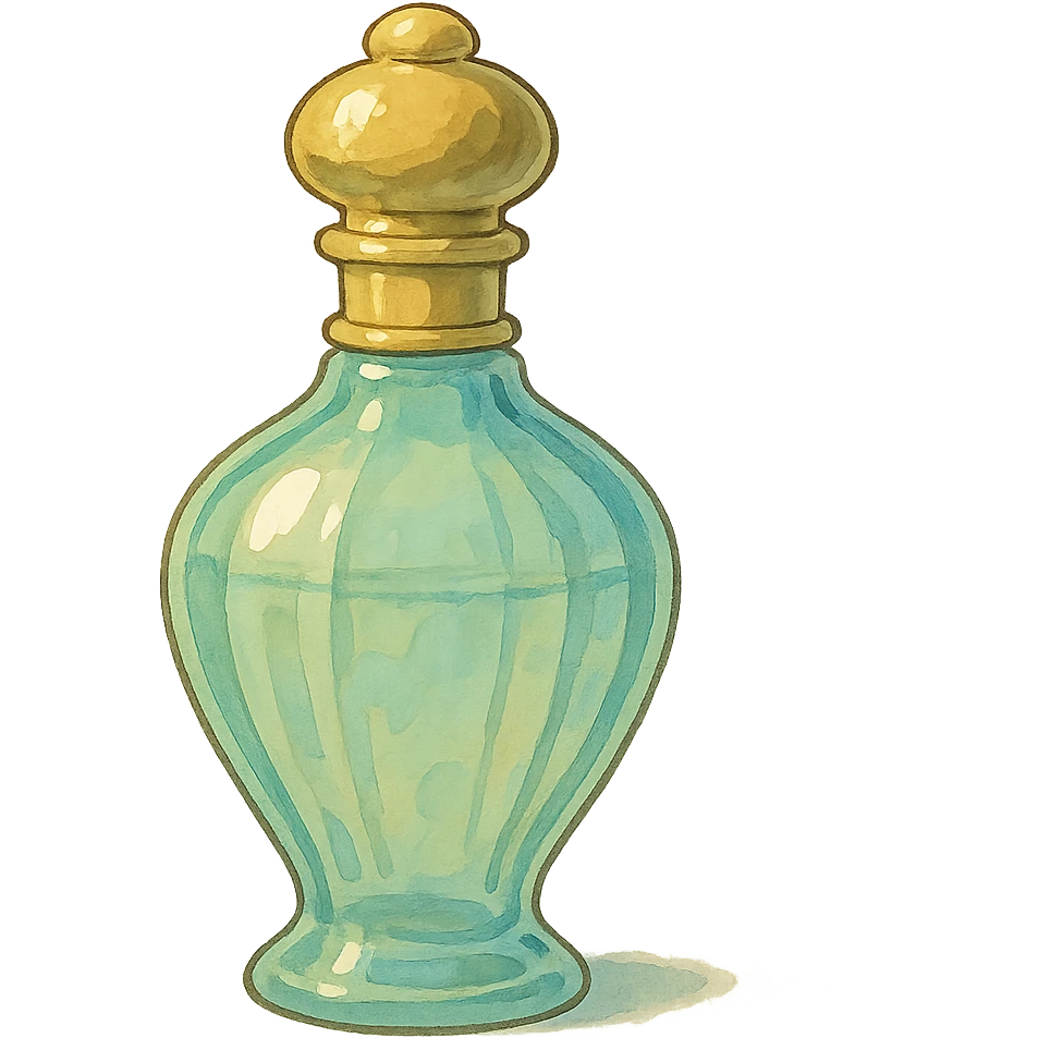 elegant glass perfume bottle with gold cap, soft pastel colors, ghibli style emoji