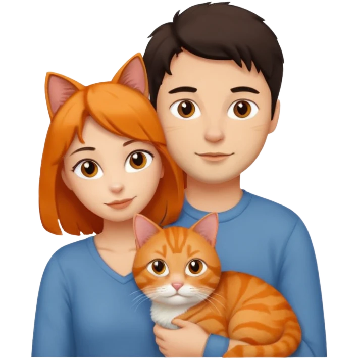man and woman with dark hair, orange cat on man's shoulder emoji