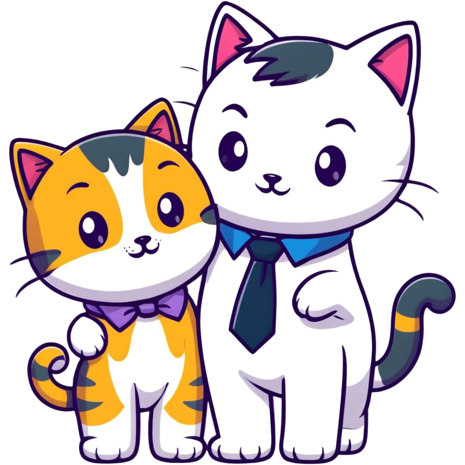 happy girl cat with eyelashes wearing a colorful necktie and happy boy cat wearing a professional necktie standing together and holding paws, both with loving expressions emoji