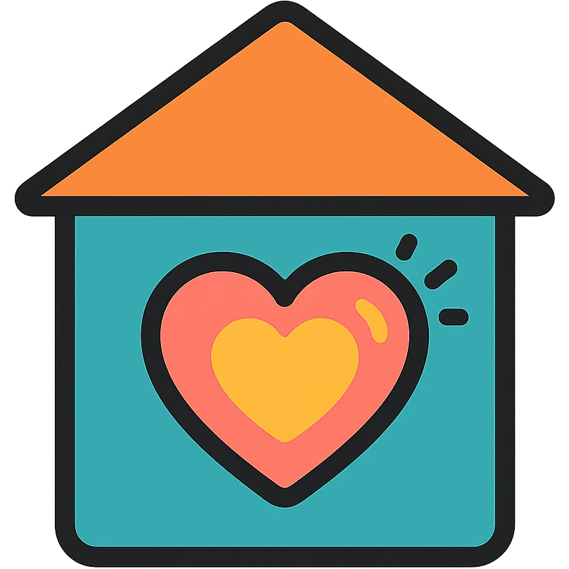 a glowing heart inside a simple house outline, modern flat icon style emoji