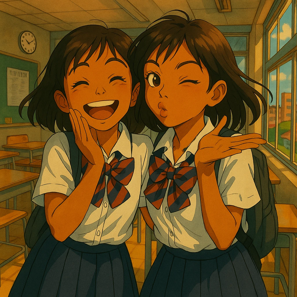 Add a cheerful friend next to the Japanese brown-skinned high school girl, both in Tokyo school uniforms, sharing a mischievous moment together, vibrant and playful atmosphere, detailed background in Ghibli anime style. emoji