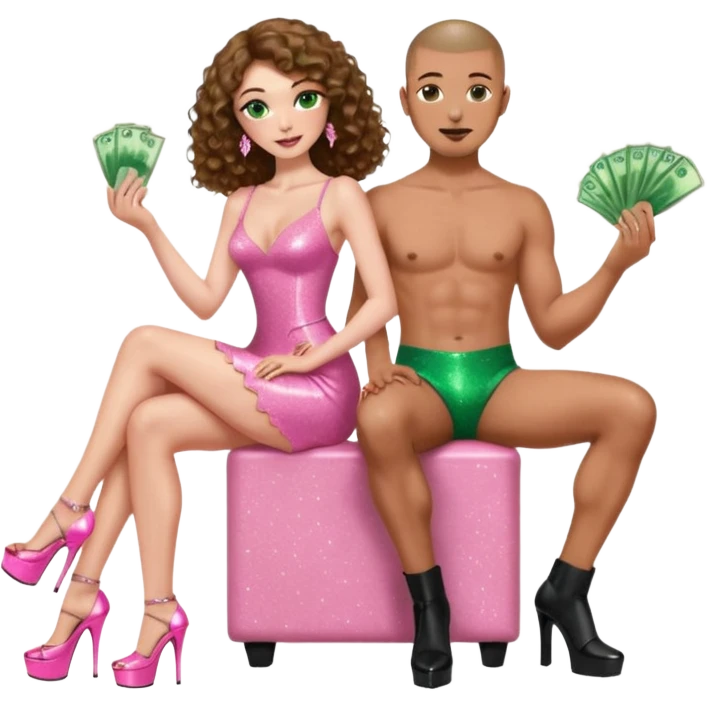 Sensual woman green eyes brown long curly hair evil occult,with 7 inch platform stripper high heels pink with glitter dress, holding a Spanish man, sitting on a buzz cut hair brown man man’s pimp lap, holding cash emoji
