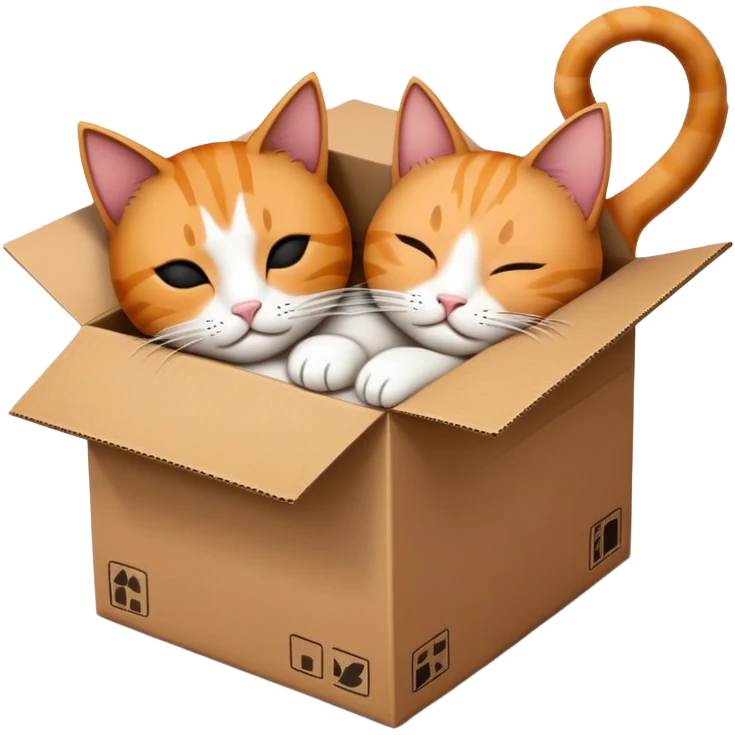 cute, cartoon emoji style for me with a transparent background of a cardboard box with two cats in it: one cat is alive, and one cat is asleep to symbolise schrodinger's cat emoji