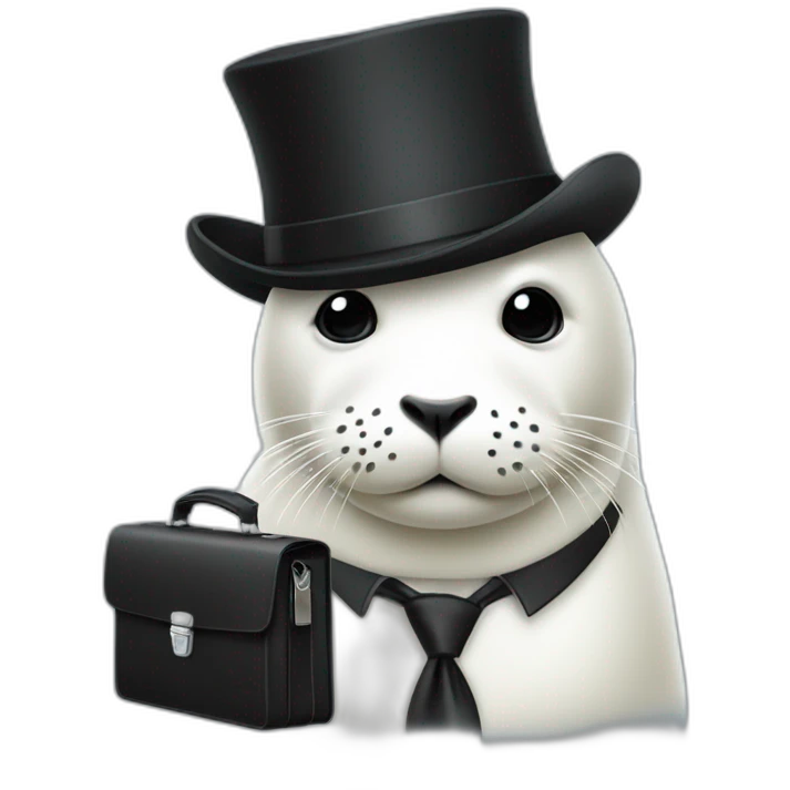 White seal in tie and small black hat and with briefcase emoji