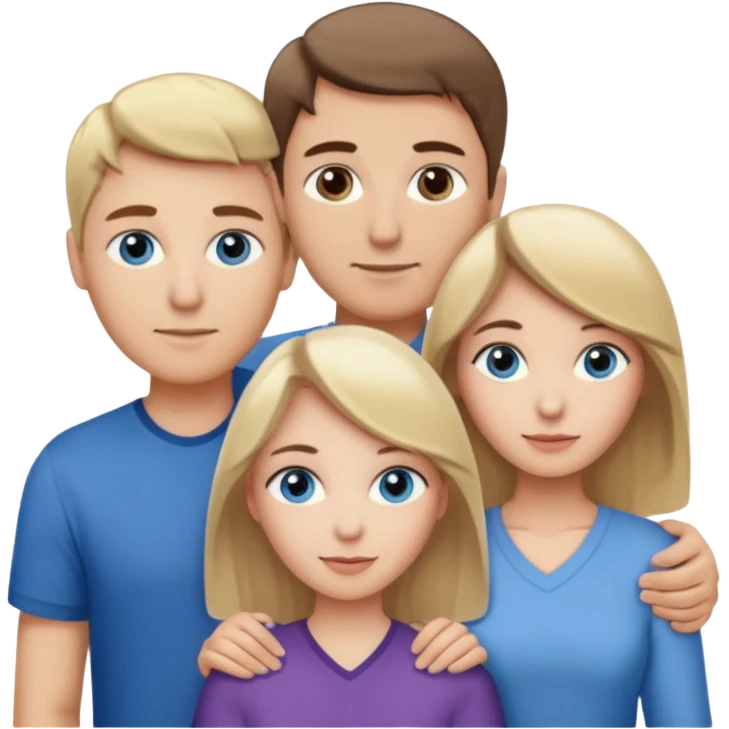 3 people. Throuple. Blank woman with blond hair and blue eye color on left. And also a blank man with brown hair and grey eye color in the middle. And a blank woman with brown hair and grey eye color on the right. Holding each other emoji