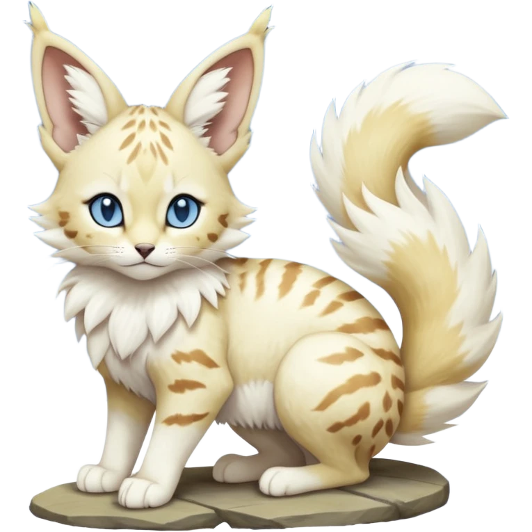 Albino-pure-snow-white, blue-eyed soft natural realistic romantic vintage antique divine beautiful elegant pretty precious cute young youthful  Fakémon-Pokémon-feline-Zeraora-Jolteon-serval-caracal-chinchilla-Minccino-Cinccino-Meowstic-rodent-hybrid-creature with a big fluffy bushy tail (full body) emoji