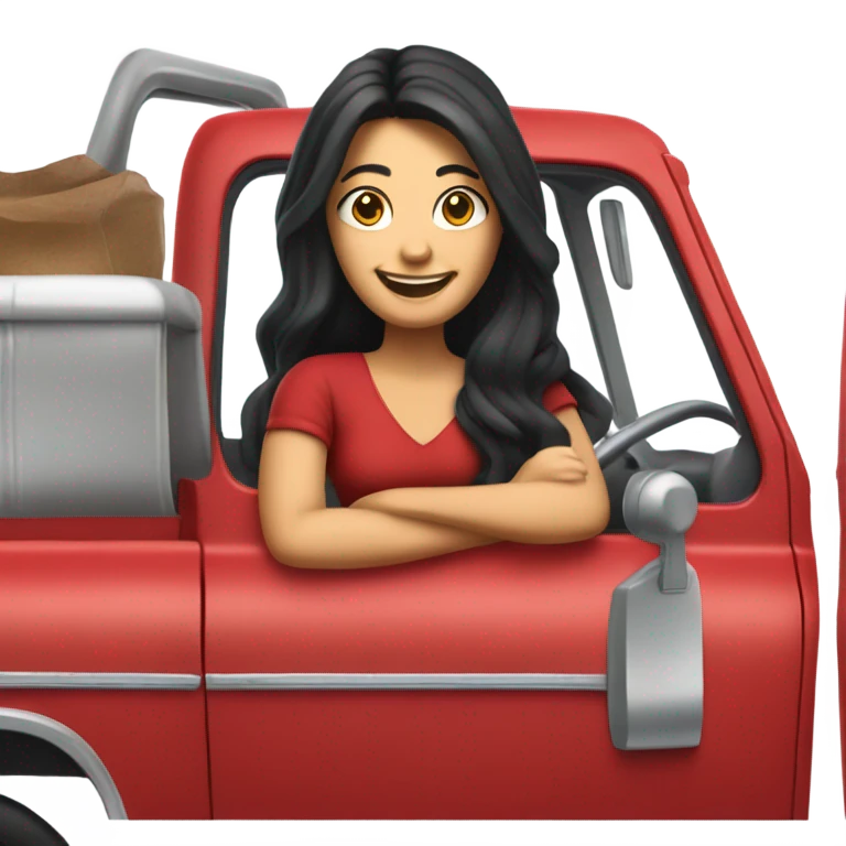 Life-like red pick up truck smiling lady with long black hair driving  emoji