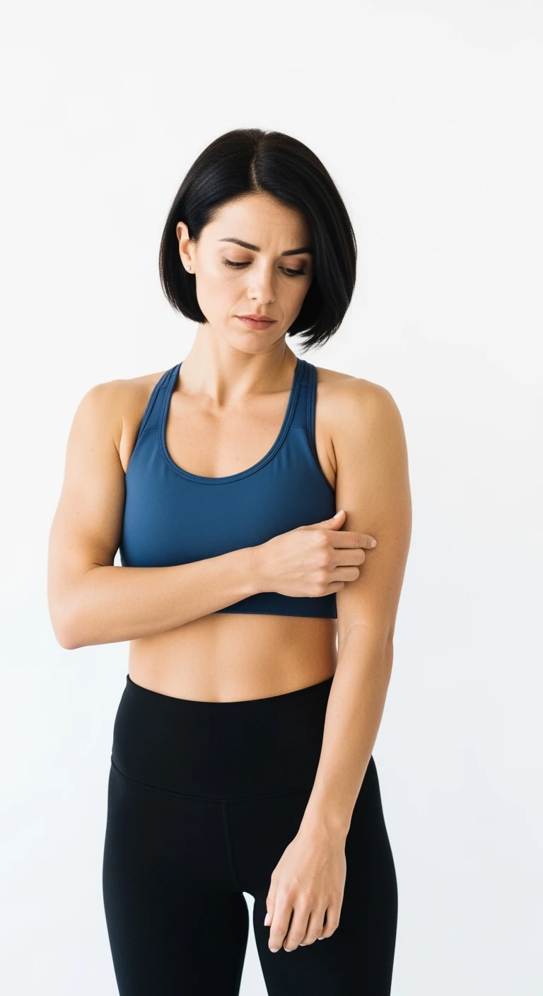 DONNA FITNESS CHE SI TOCCA IL MUSCOLO DEL BRACCIO CON ESPRESSIONE TRISTE IN VOLTO, POCO MUSCOLO, ISOLATA SU SFONDO BIANCO emoji