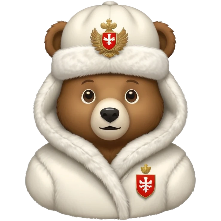 Cute brown bear in white fur ushanka hat with centered Russian coat of arms, front view, iOS emoji style emoji