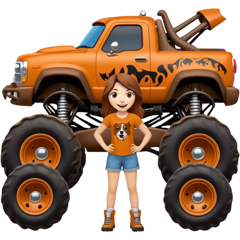 1 girl Monster Mutt - Monster Jam (Model Year: 2021) (Iconic colour: Brown with dog features) - A unique monster truck with playful, dog-inspired design cues. The vehicle is painted. emoji