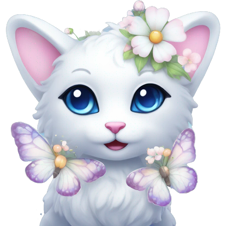 Edgy Cute Cool Kawaii gorgeous sparkly ethereal white fantasy animal with blue eyes sona with flowers and butterflies emoji