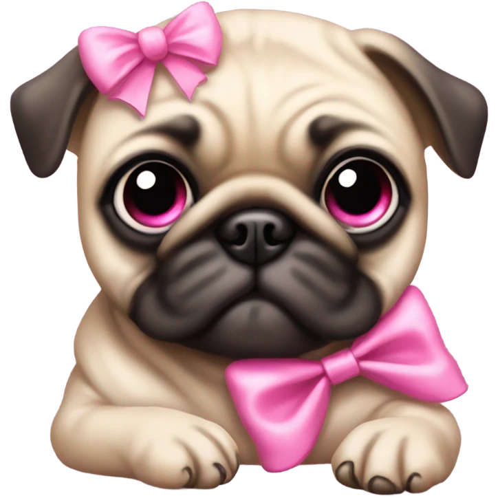 Baby pug with big pink
eyes lying down with a pink bow above 1 ear emoji