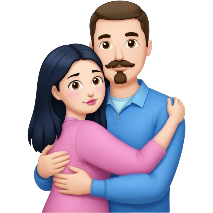 Tall strong white man with brown mustache goatee wearing blue hugging a chubby short pale woman with long black hair wearing pink emoji